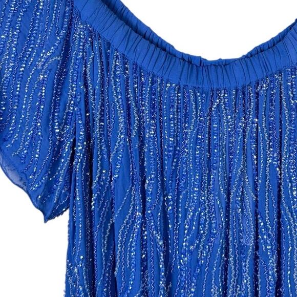 Parker NWT Royal Blue Beaded Embellished Off the Shoulder Sheer Top - Picture 12 of 16